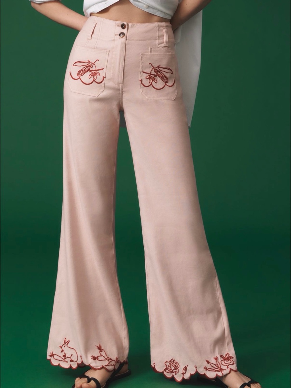 Anthropologie Pale Pink Wide-Leg Embroidered Pants - Picture 2 of 5